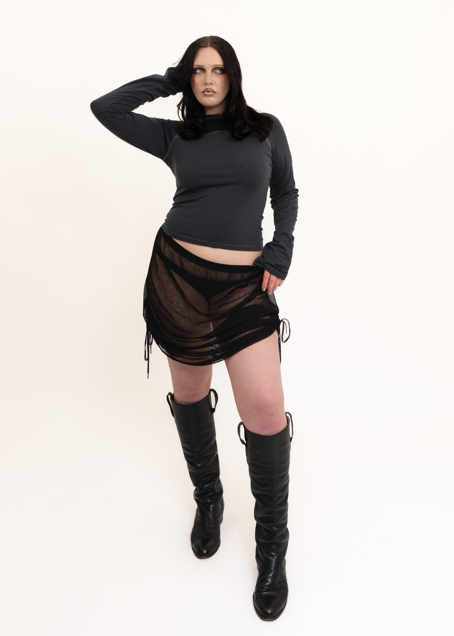 Sheer mesh ruched skirt