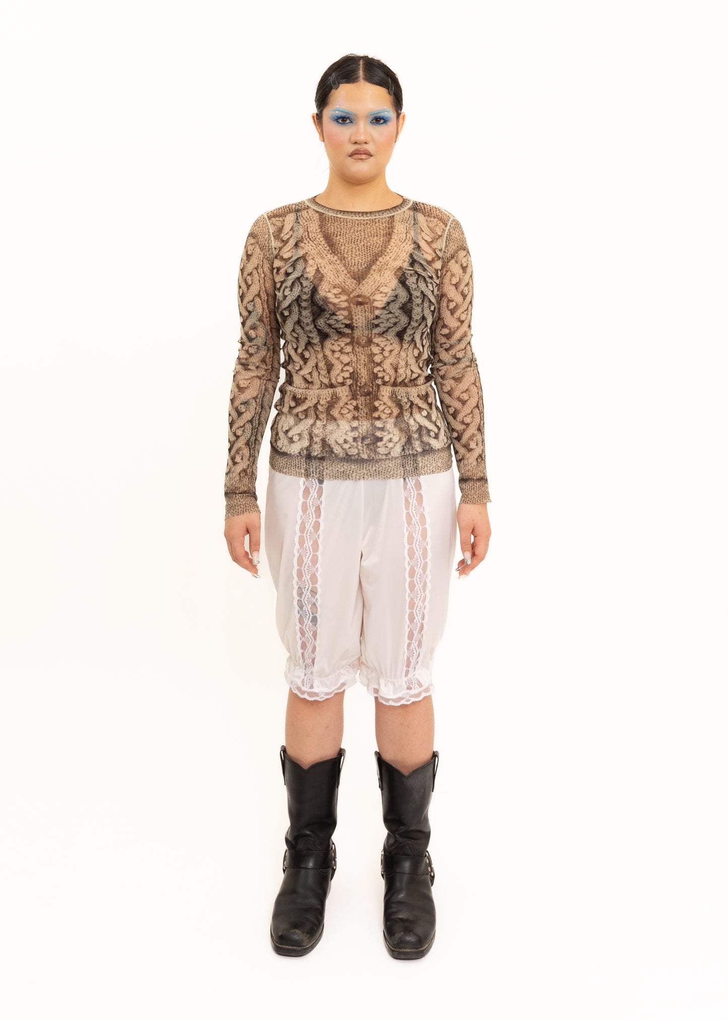 Trompe l'oeil cable knit print mesh top