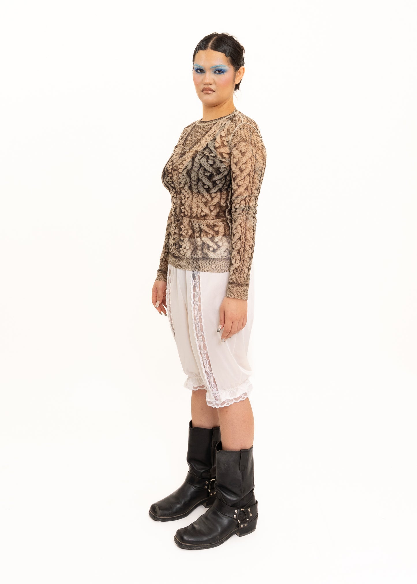 Trompe l'oeil cable knit print mesh top