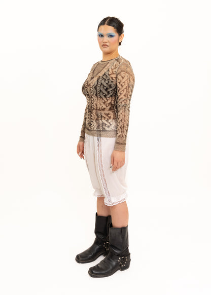 Trompe l'oeil cable knit print mesh top