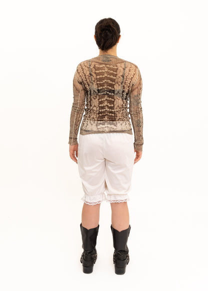 Trompe l'oeil cable knit print mesh top