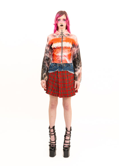 Upcycled denim/ tartan pleated mini skirt