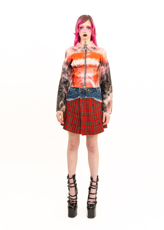 Upcycled denim/ tartan pleated mini skirt