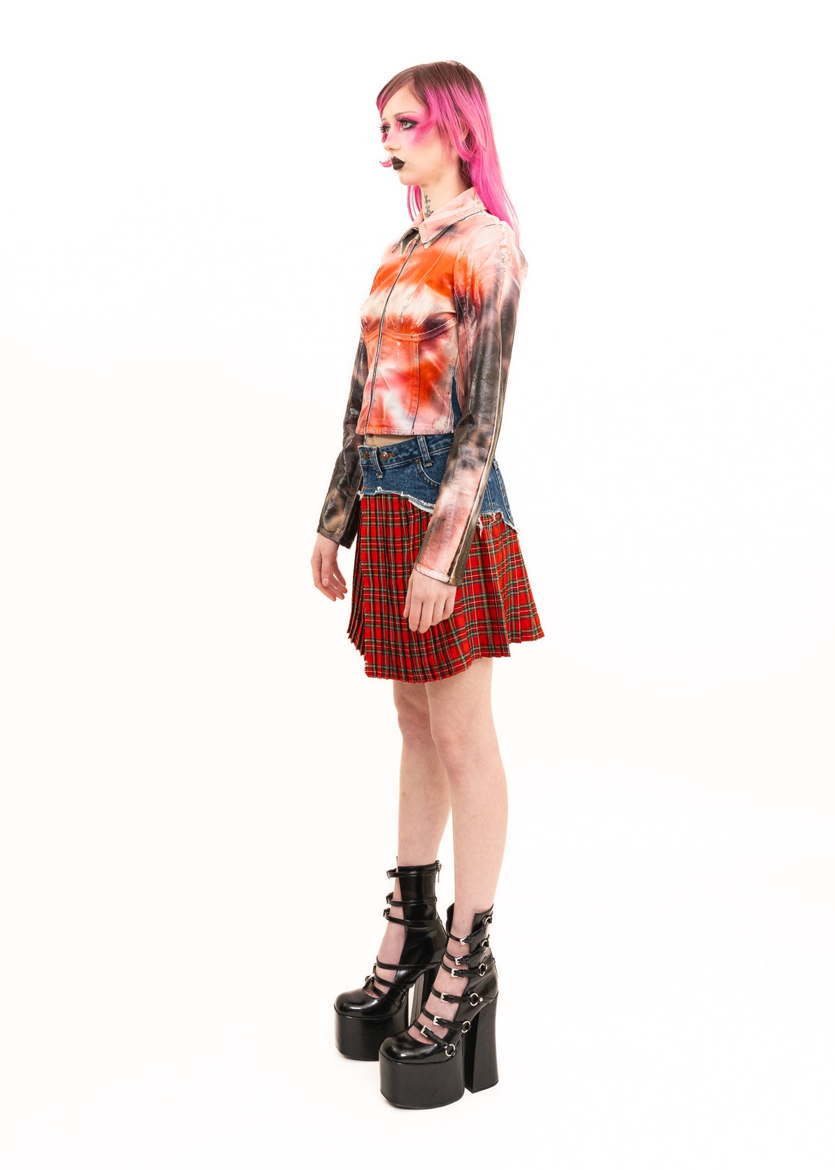 Upcycled denim/ tartan pleated mini skirt