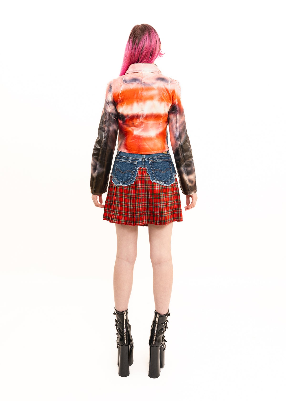 Upcycled denim/ tartan pleated mini skirt