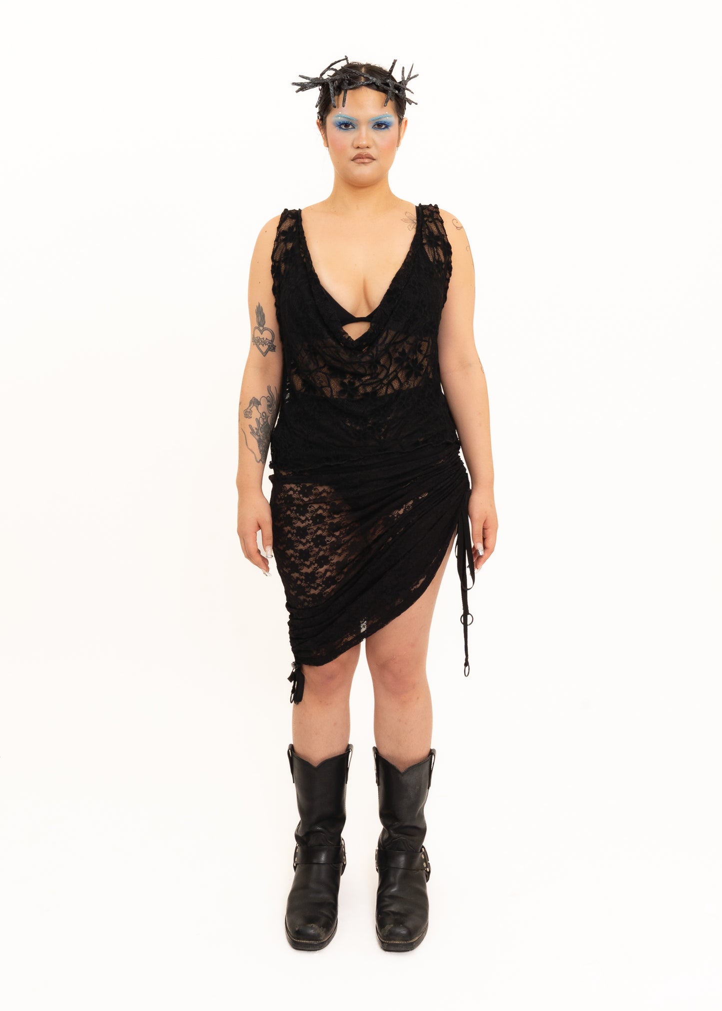 Cowl neck lace tank top