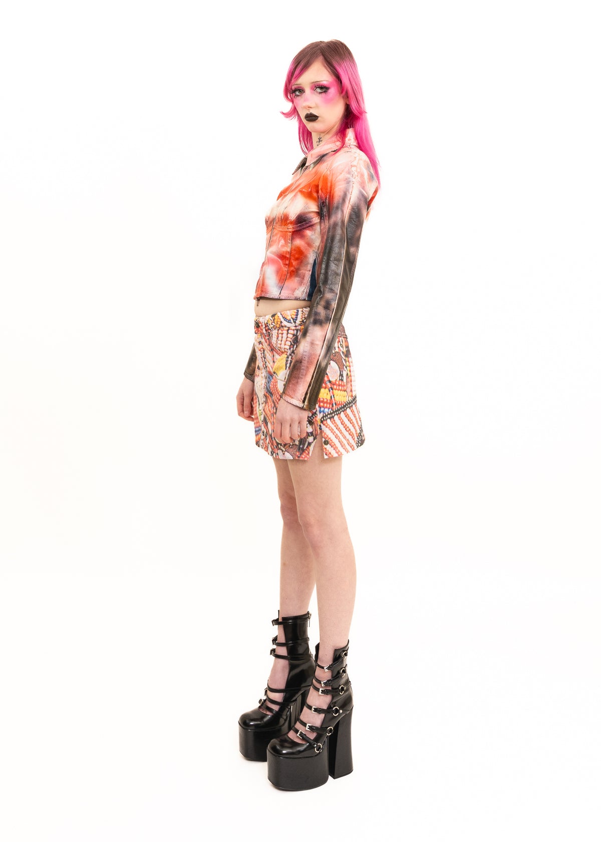 Jewellery print denim mini skirt