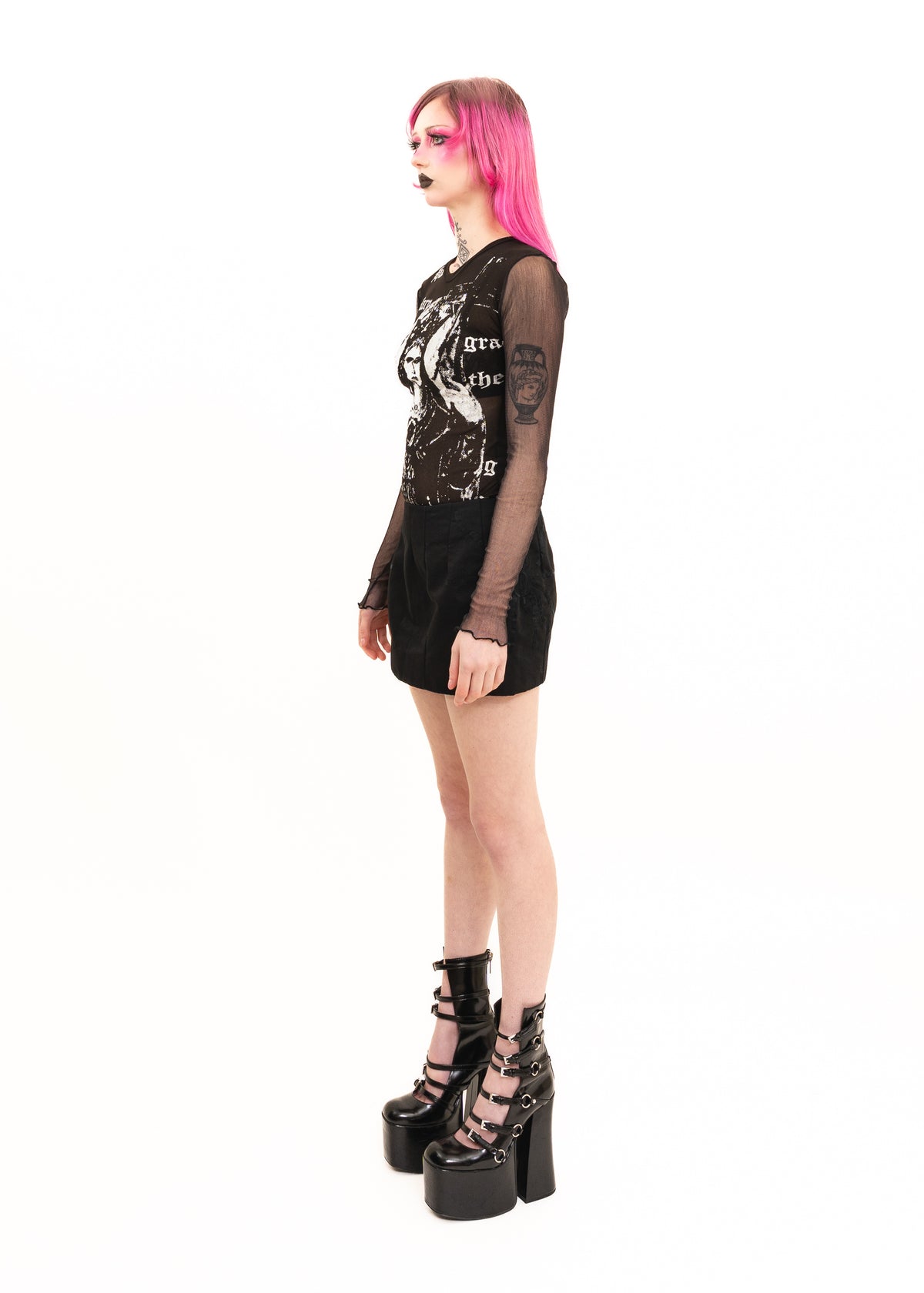 Hail Mary screen printed mesh top with silk sleeves