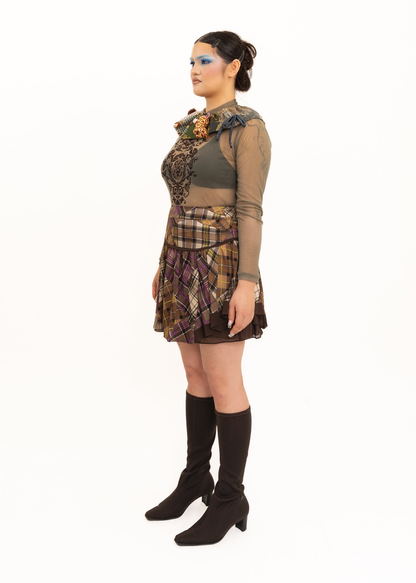 Asymmetric clashing tartan skirt