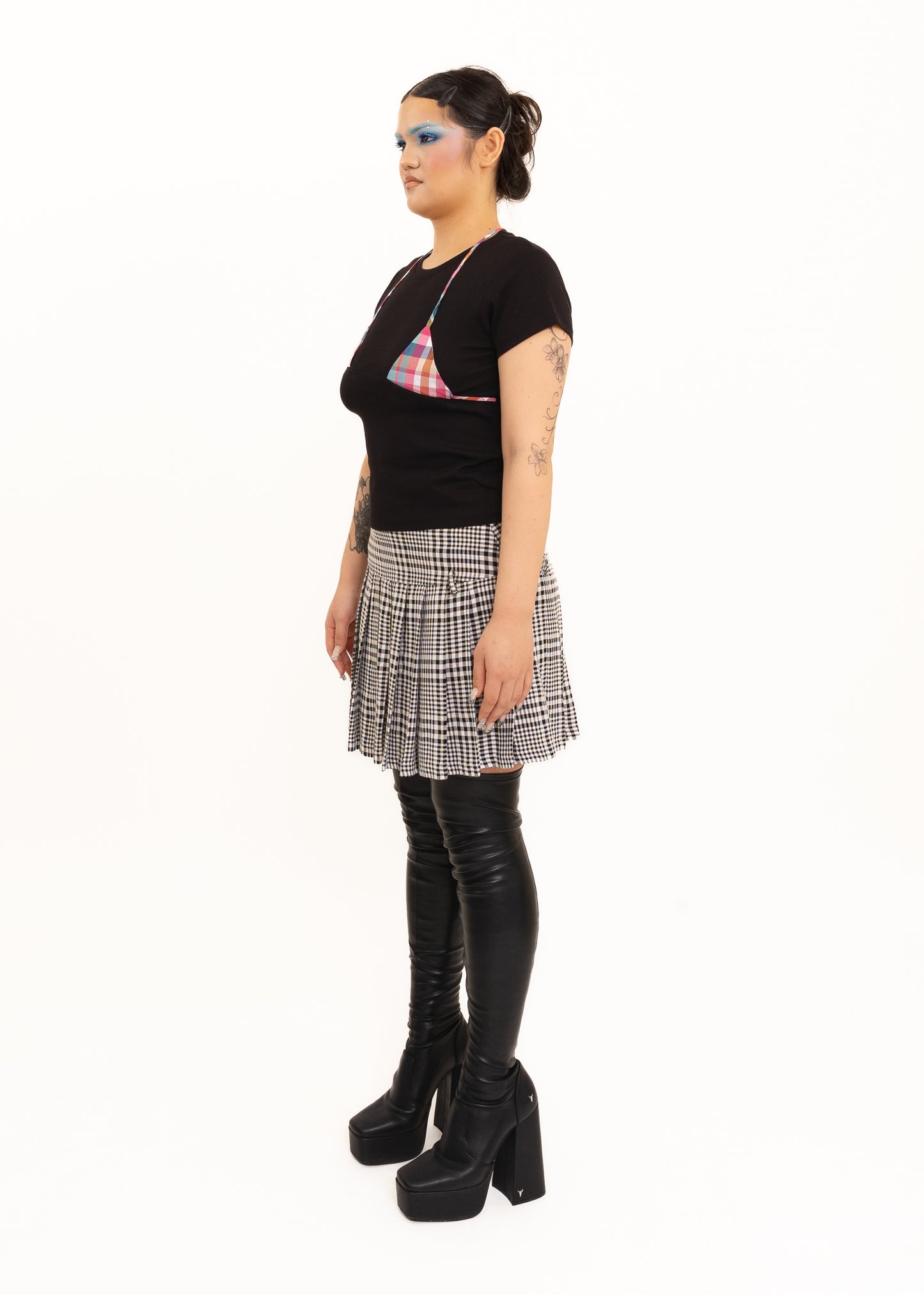 Off Cut Tee- Black + pink tartan