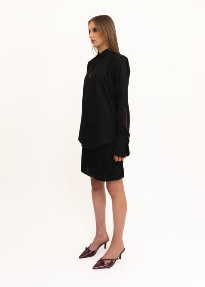 Open front collared shirt with raw hems