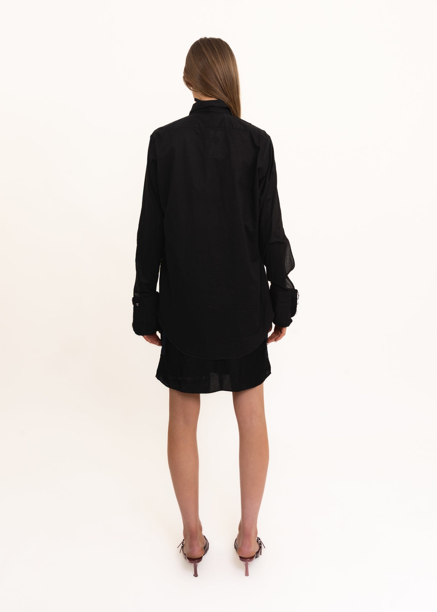 Open front collared shirt with raw hems