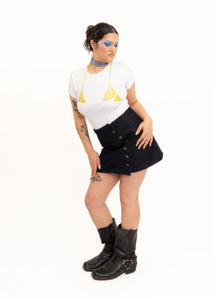 Off Cut Tee- White + yellow/ blue silk