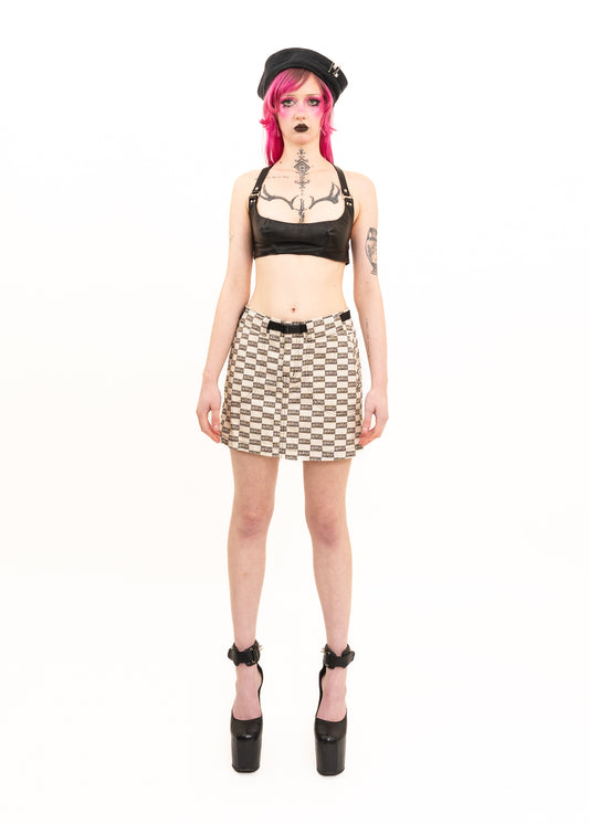 Logo print checkerboard denim mini skirt