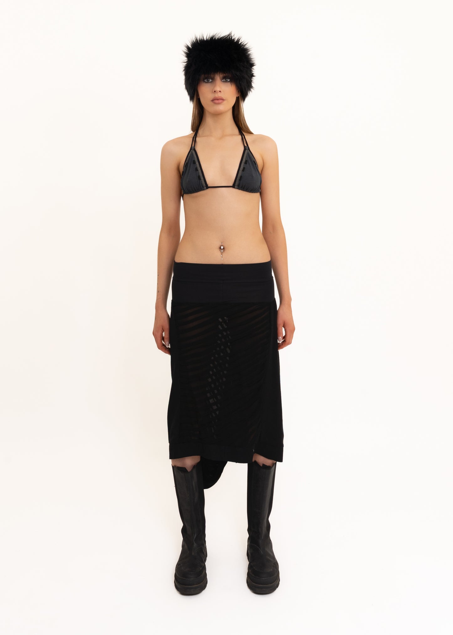 Asymmetric wool/ sheer panelled skirt