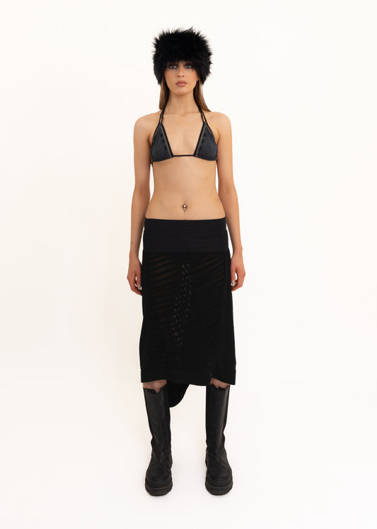 Asymmetric wool/ sheer panelled skirt