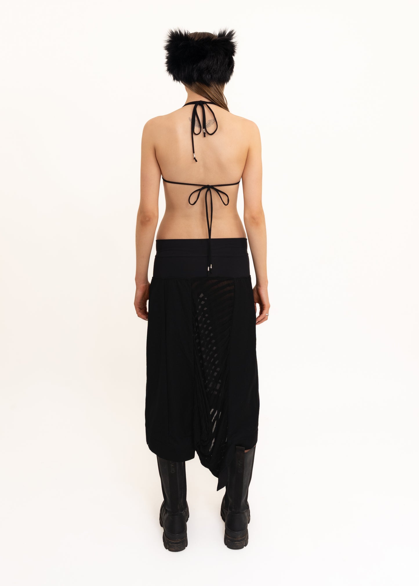 Asymmetric wool/ sheer panelled skirt