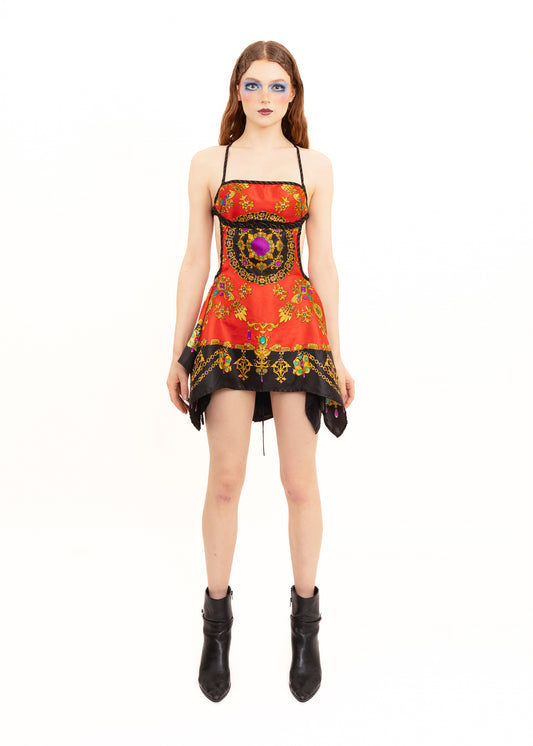 Odyssey Scarf Dress- red jewellery print
