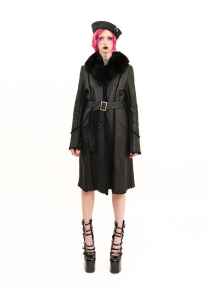 Leather mouton trench coat with fur collar
