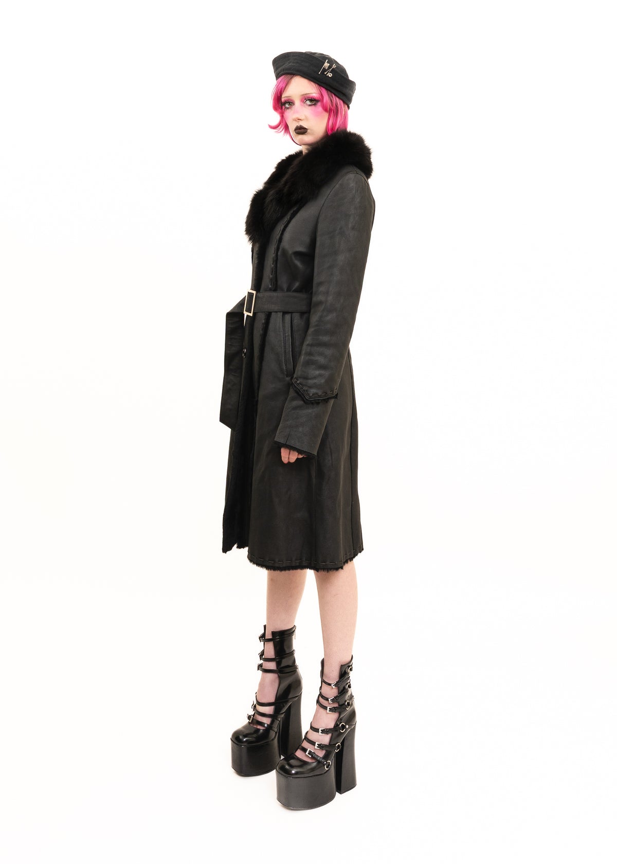 Leather mouton trench coat with fur collar