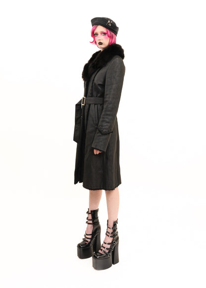 Leather mouton trench coat with fur collar