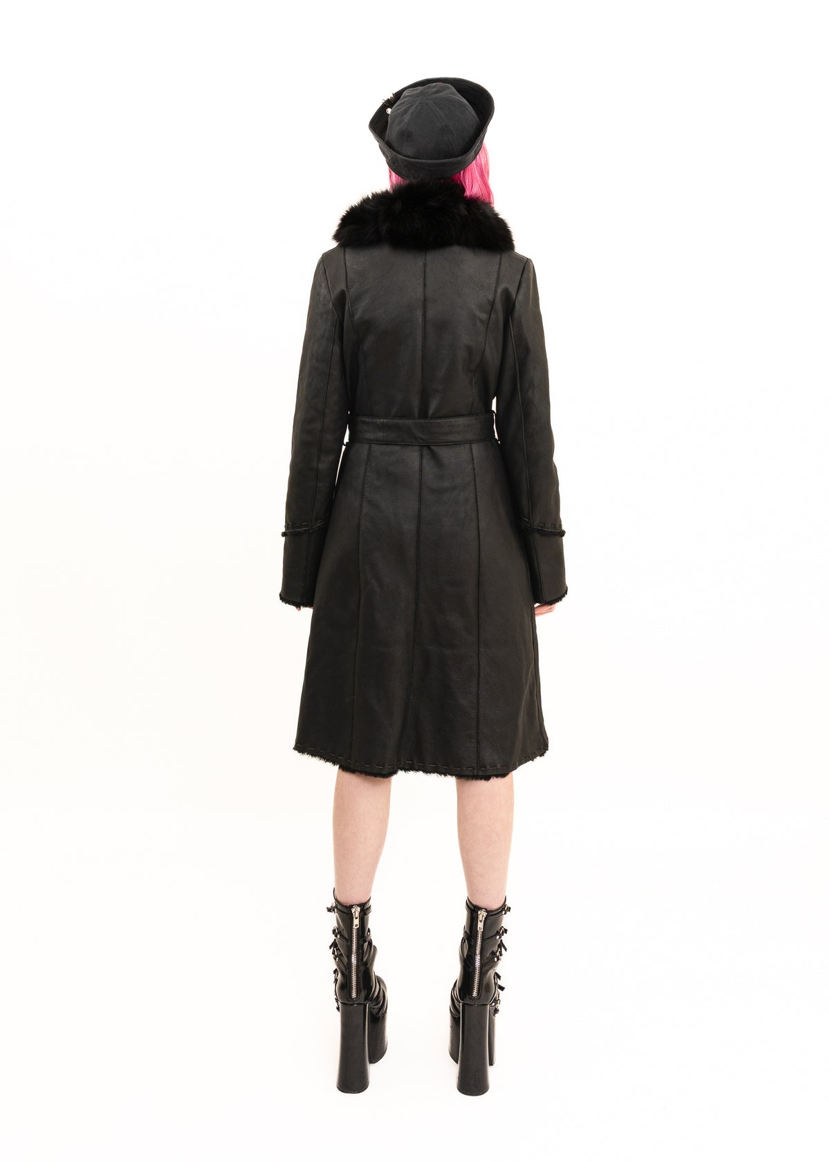 Leather mouton trench coat with fur collar