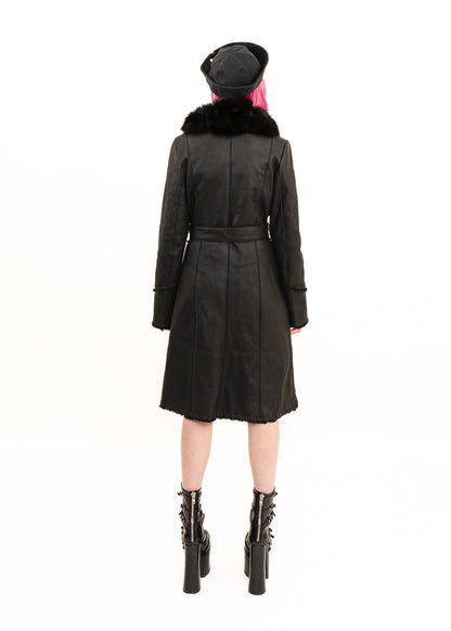 Leather mouton trench coat with fur collar