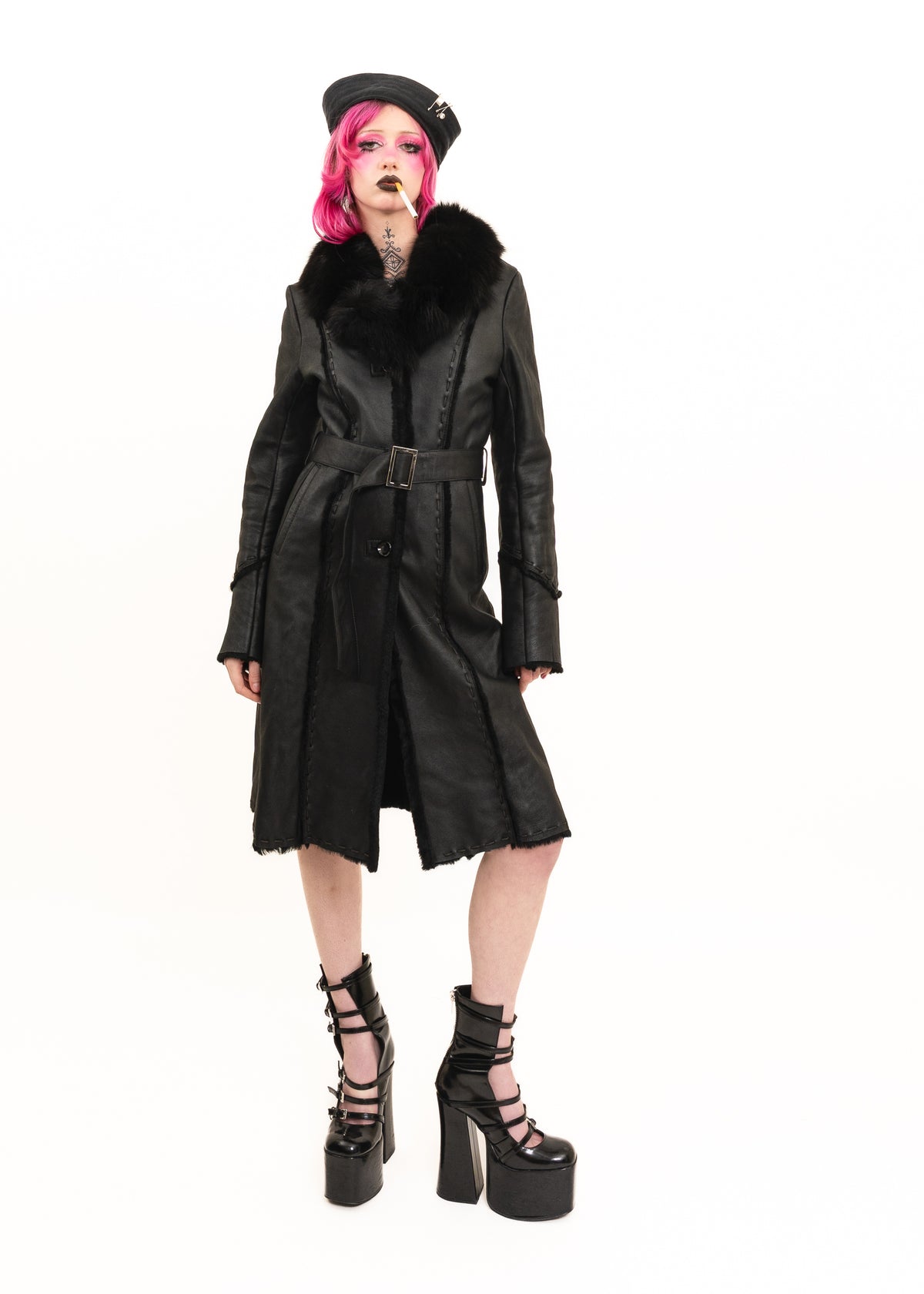 Leather mouton trench coat with fur collar
