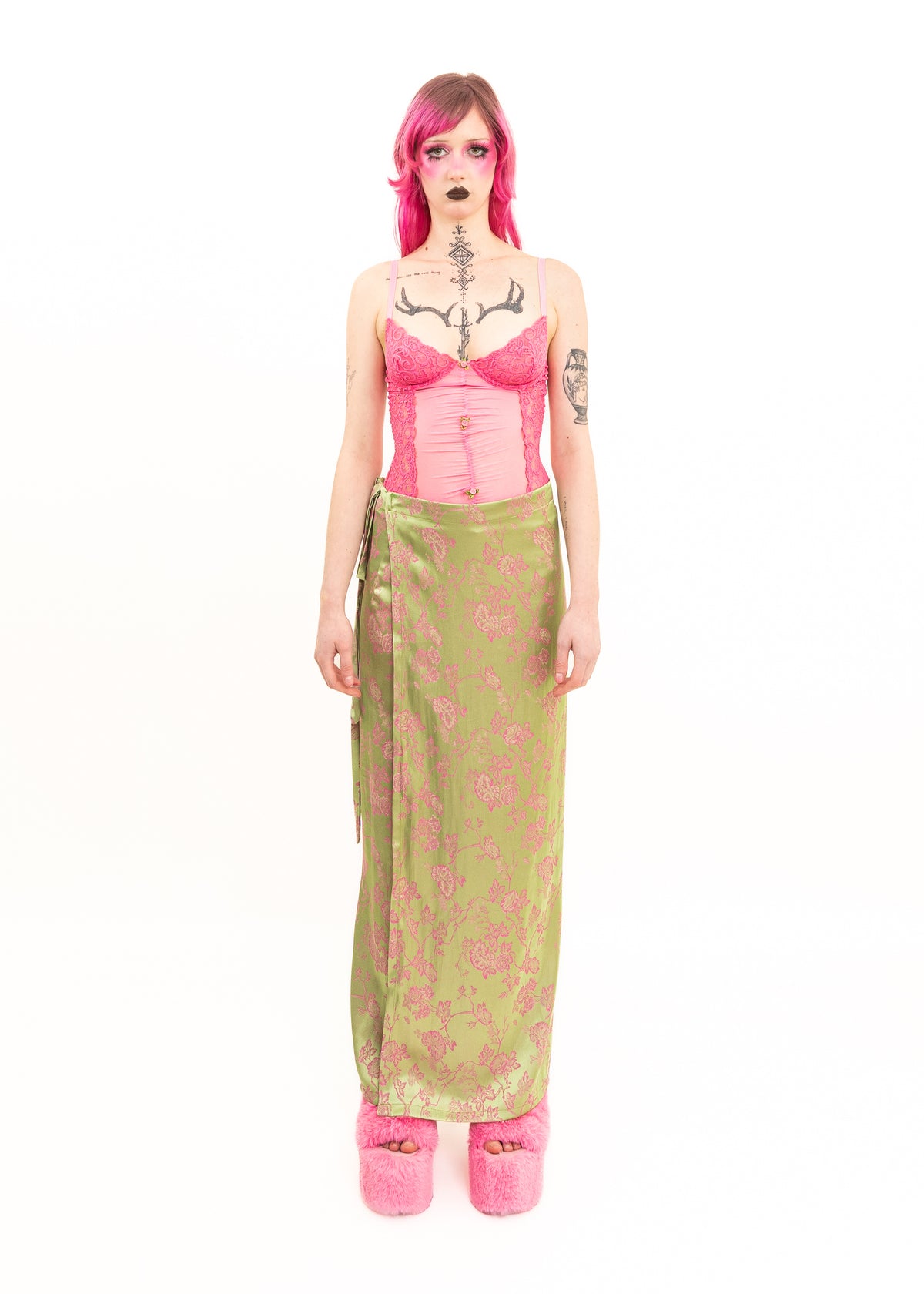 Floral brocade satin wrap skirt