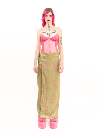 Floral brocade satin wrap skirt