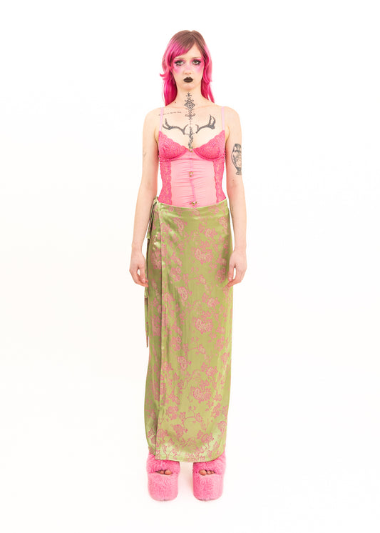 Floral brocade satin wrap skirt
