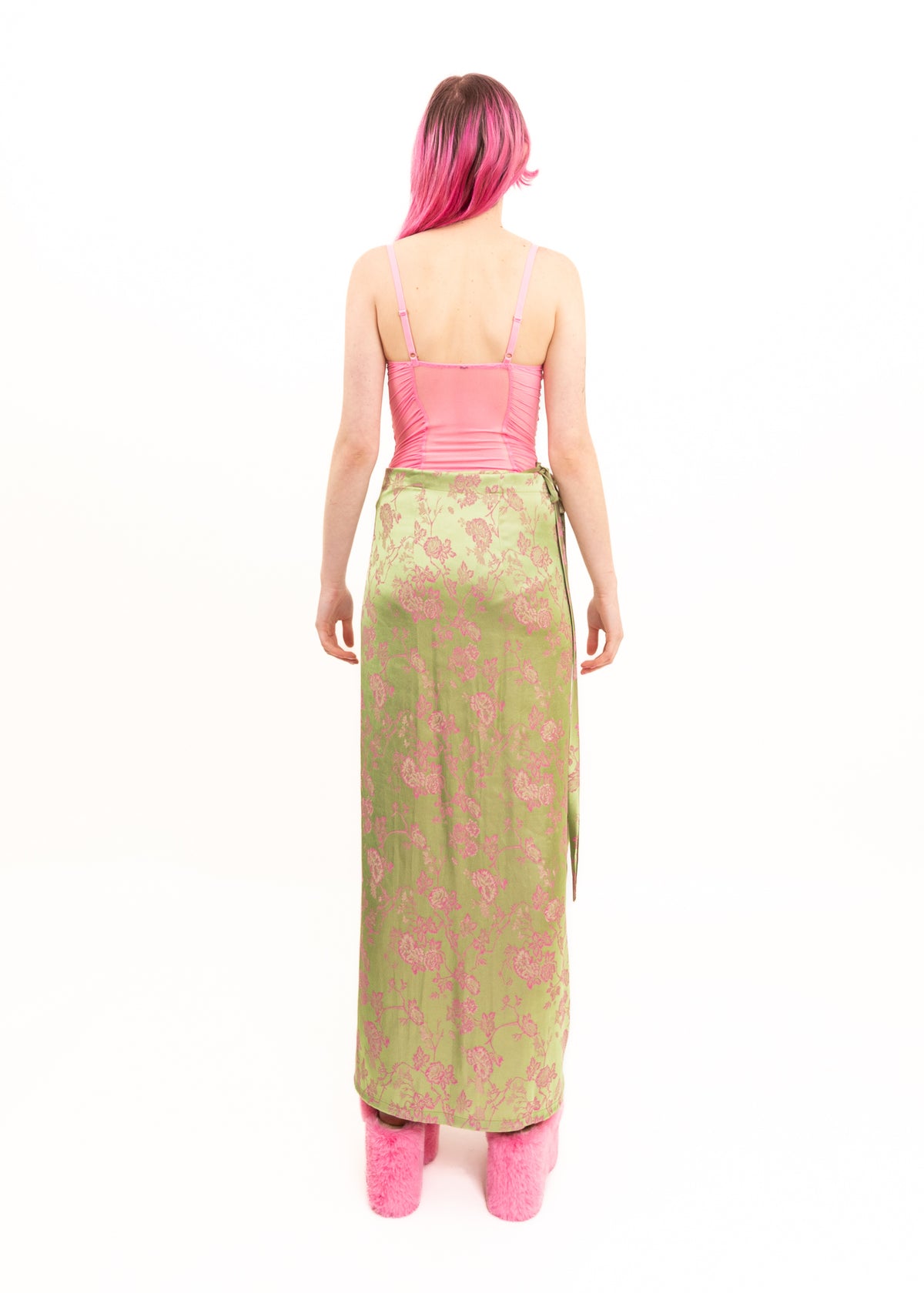 Floral brocade satin wrap skirt