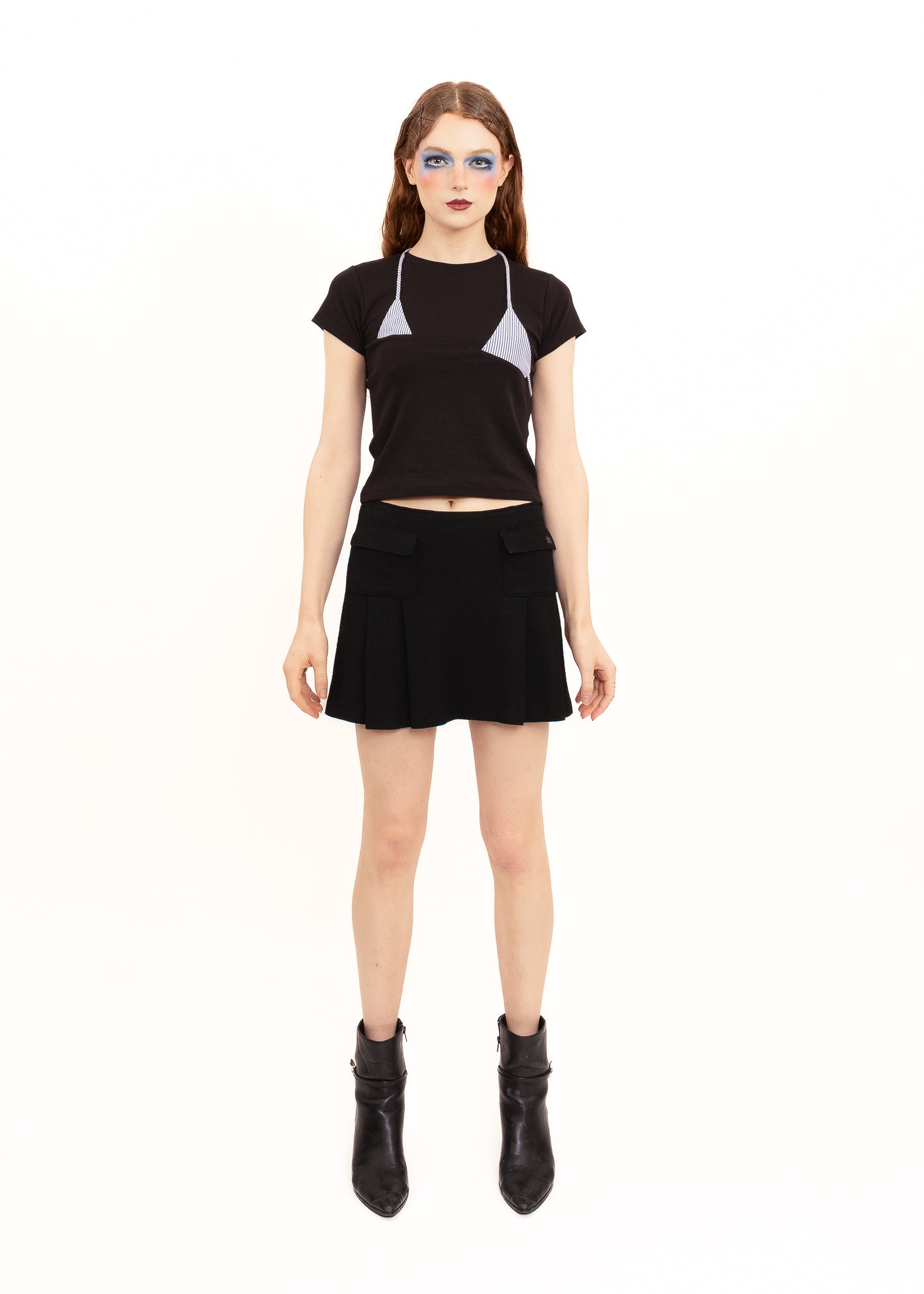 Off Cut Tee- Black + Blue/ White Stripe