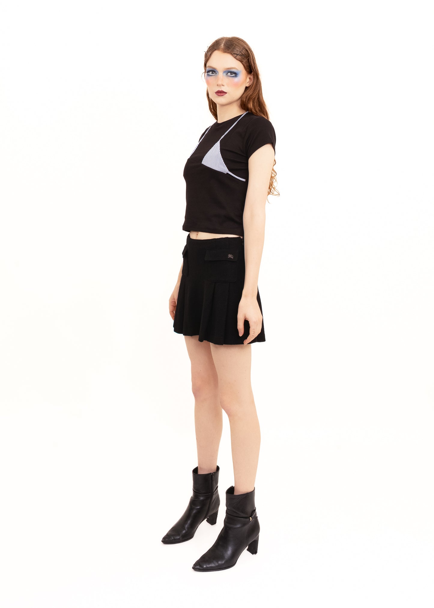 Off Cut Tee- Black + Blue/ White Stripe