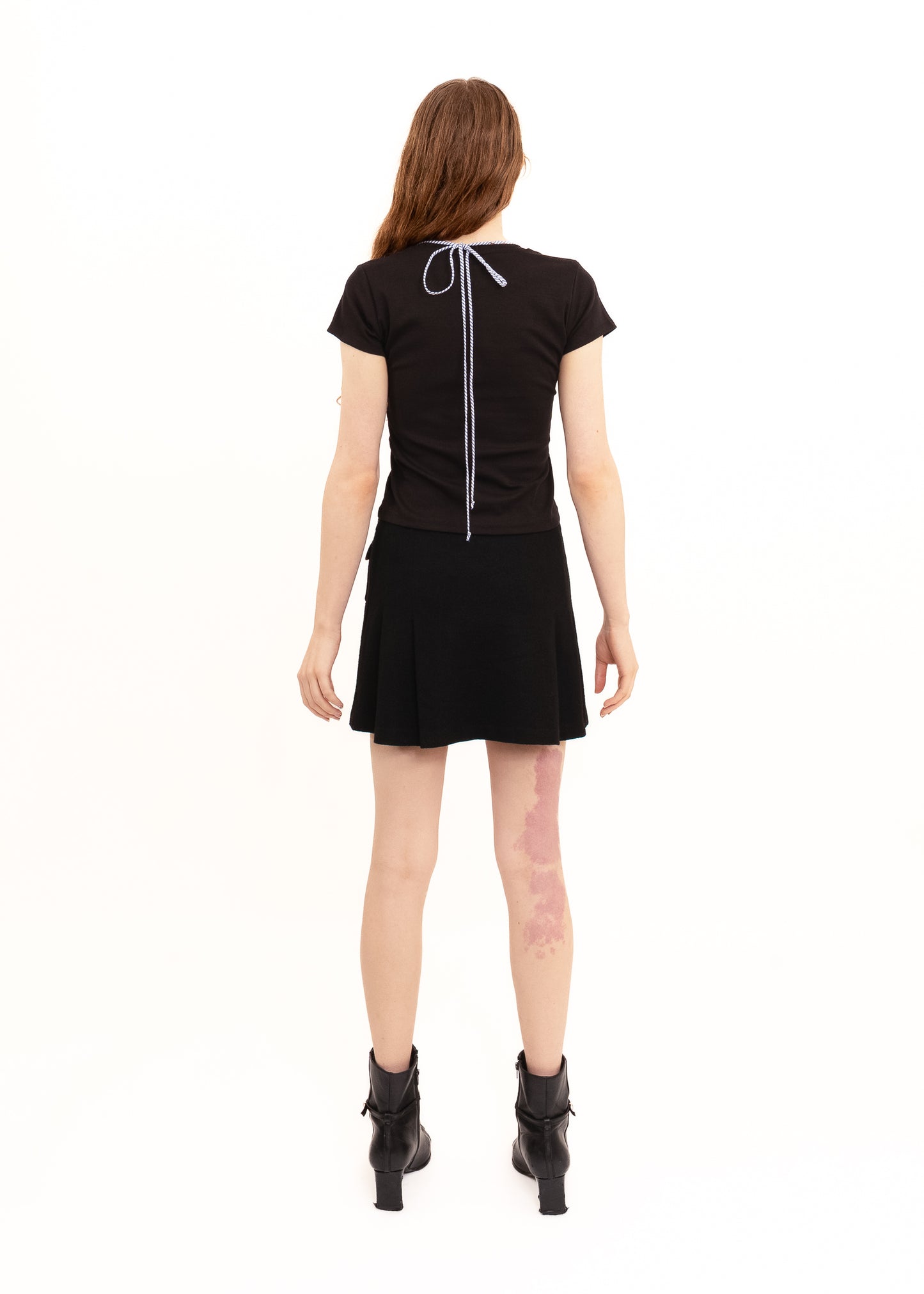 Off Cut Tee- Black + Blue/ White Stripe