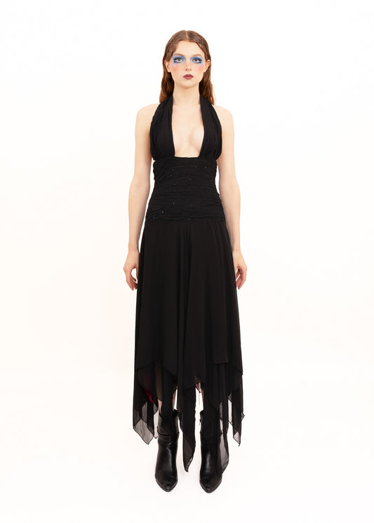 Silk handkerchief hem halter dress