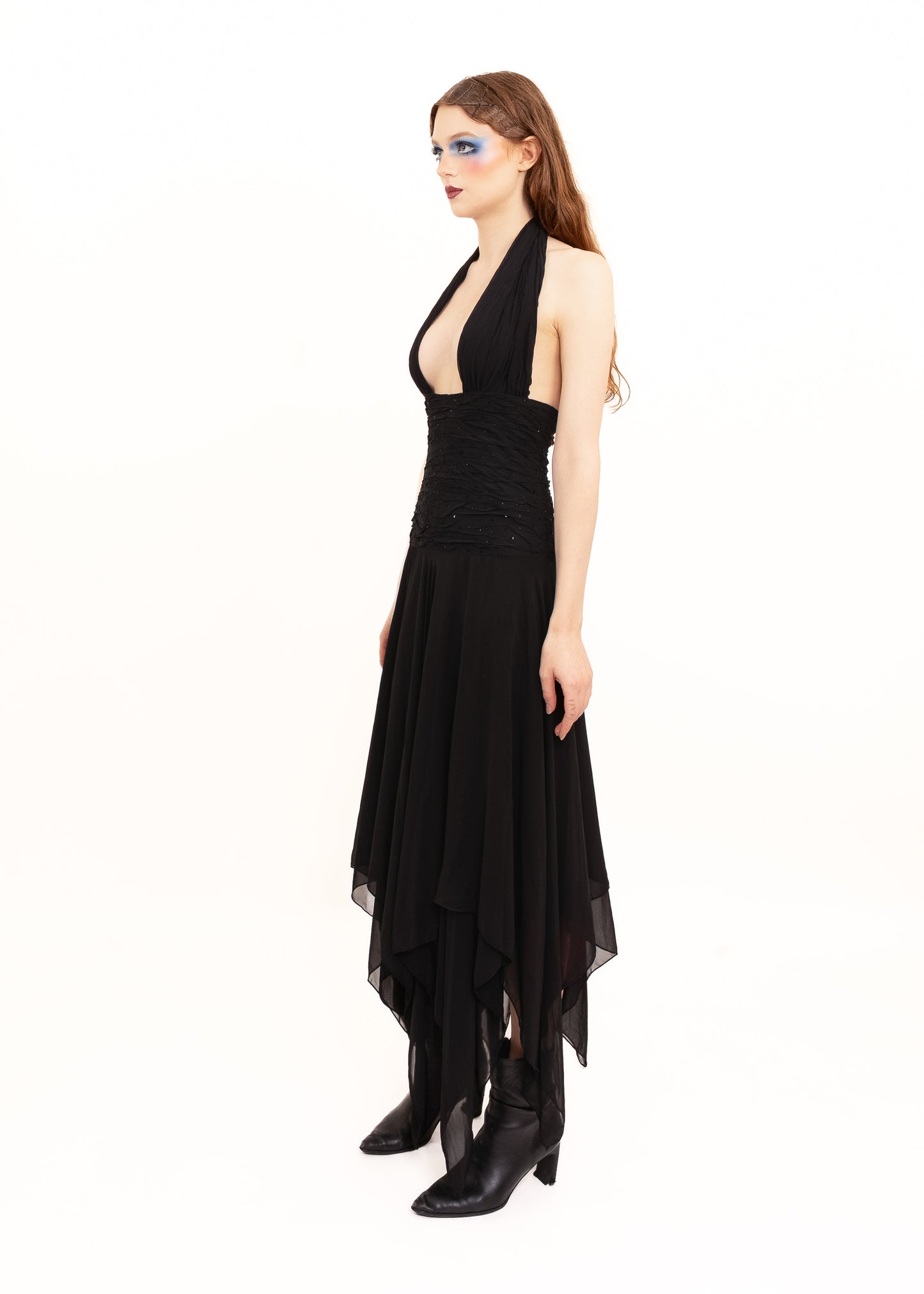 Silk handkerchief hem halter dress