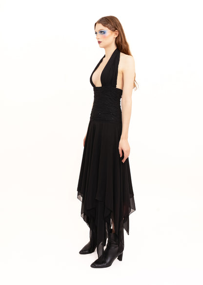 Silk handkerchief hem halter dress