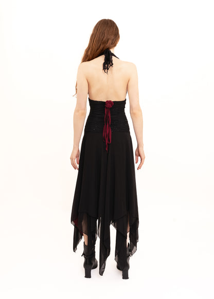 Silk handkerchief hem halter dress