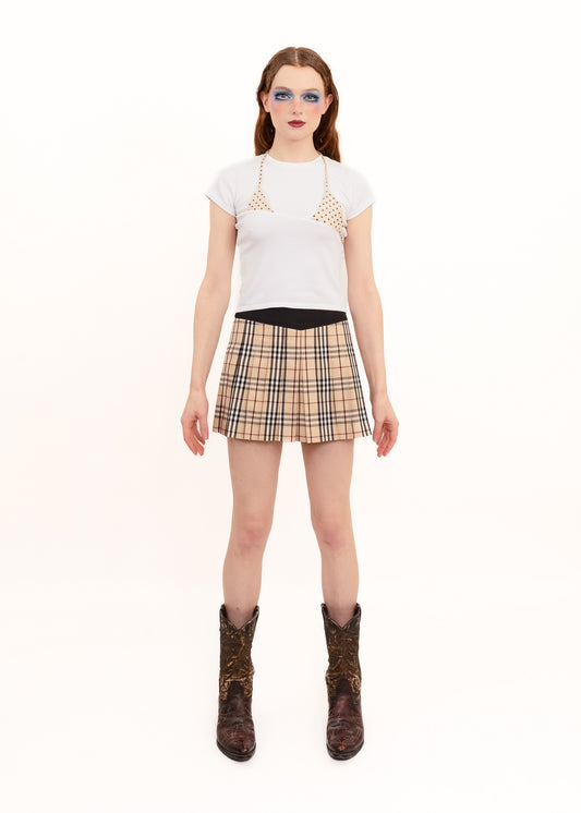 Off Cut Tee- White + Beige Polkadot