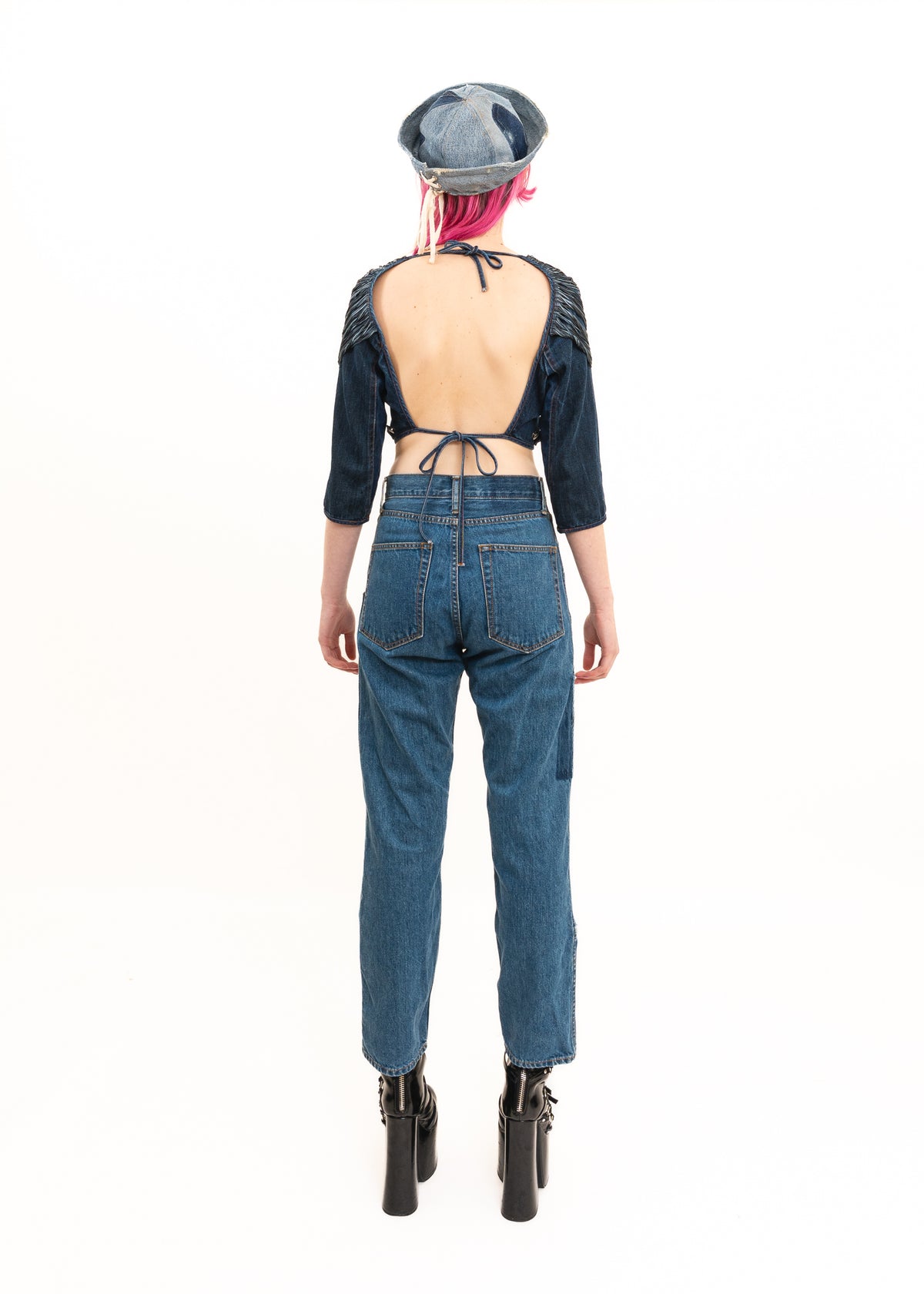 Denim fringed bustier top