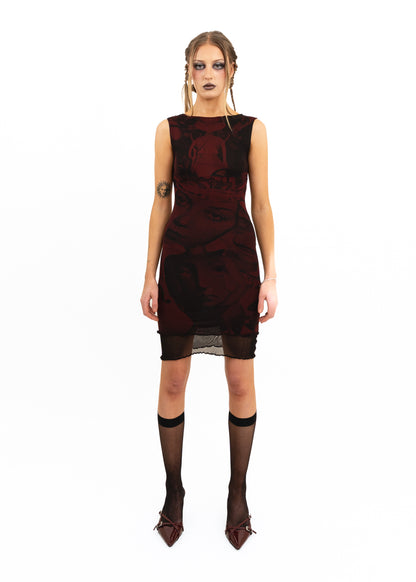 Surrealist print mesh bodycon dress- red