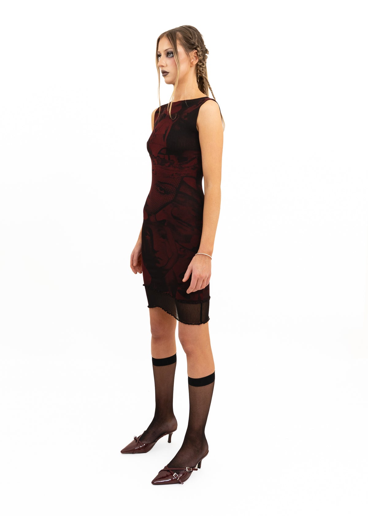 Surrealist print mesh bodycon dress- red
