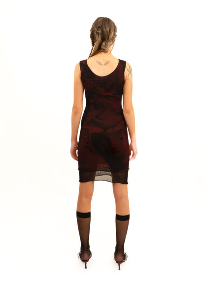 Surrealist print mesh bodycon dress- red