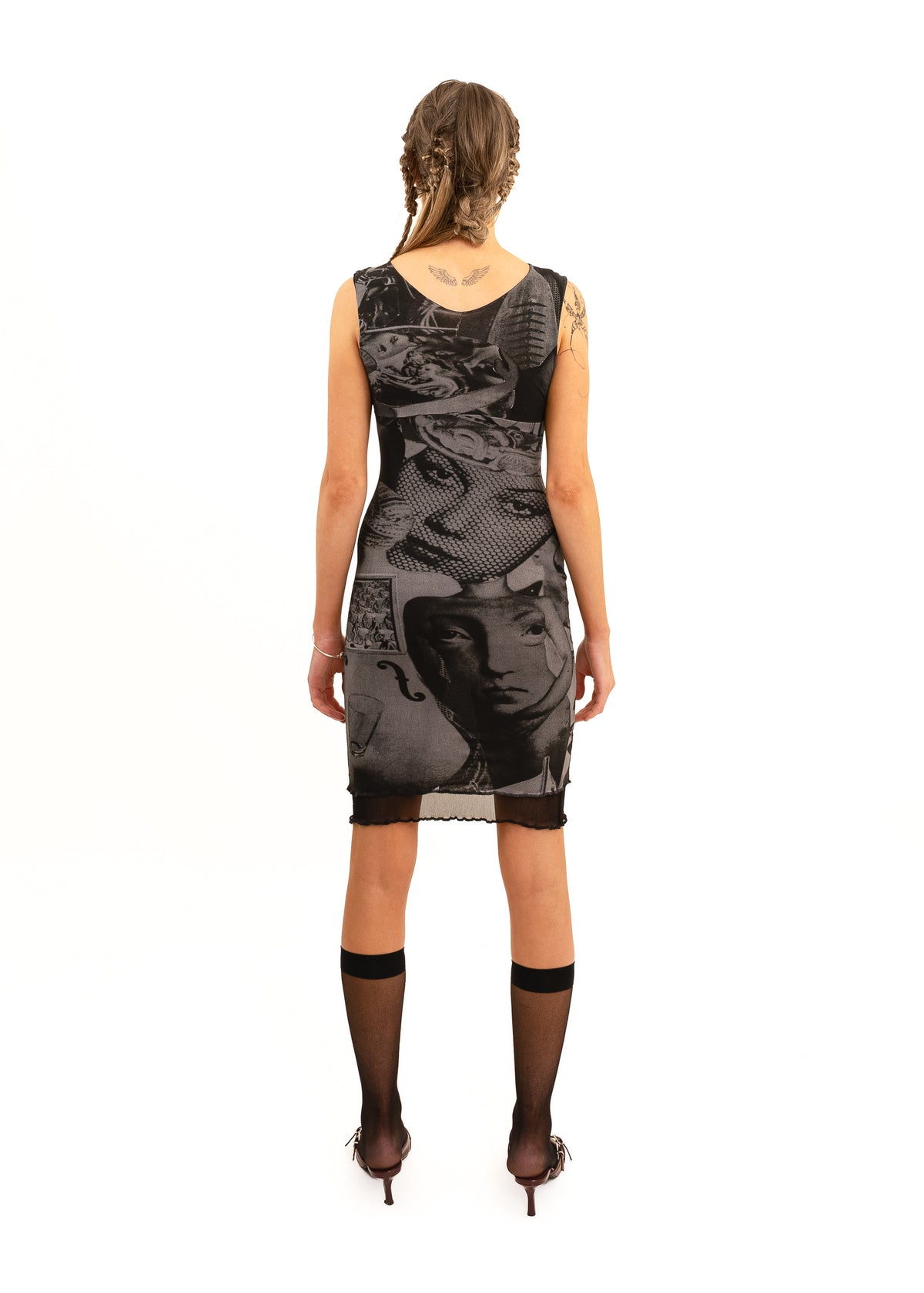 Surrealist print mesh bodycon dress- grey