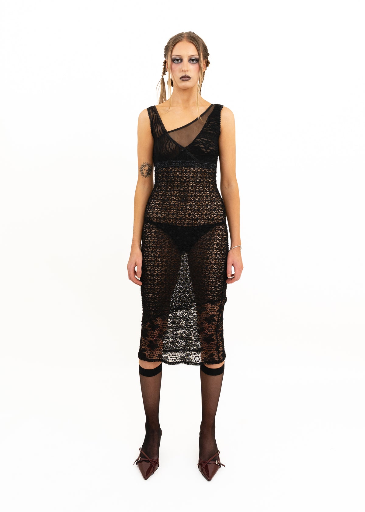 Asymmetric lace/ mesh panelled dress