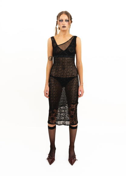Asymmetric lace/ mesh panelled dress
