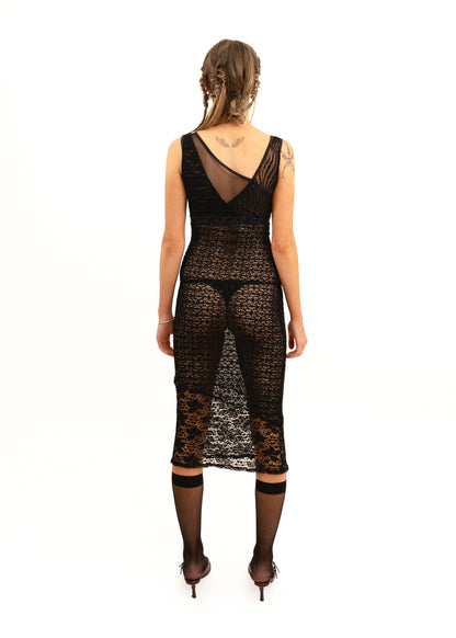 Asymmetric lace/ mesh panelled dress