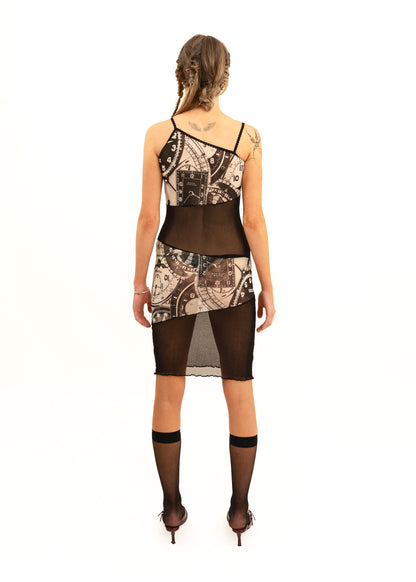Asymmetric clock print mesh panelled dress