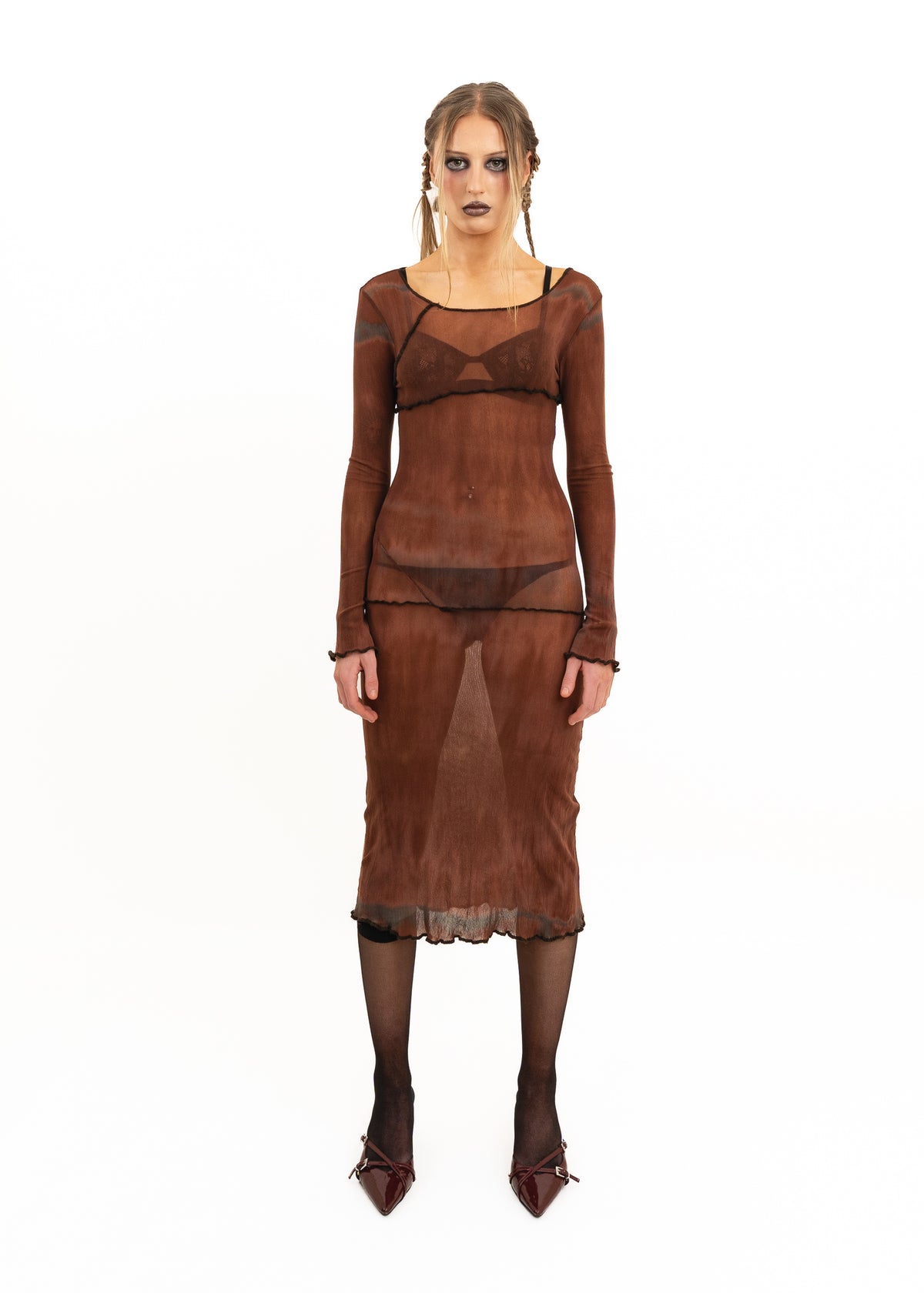 Tie dye asymmetric panelled mesh midi dress
